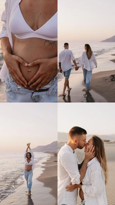 a man and woman standing on the beach with their hands in each other's stomach