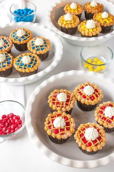 cupcakes are decorated with red, white and blue icing