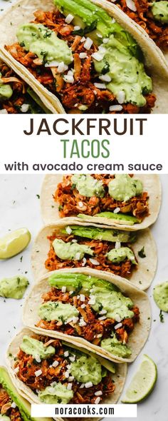 several tacos with avocado cream sauce and shredded meat on them are shown