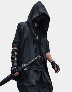 Black sleeveless jacket - Anagoc Vigilante Outfits Male, Cyberpunk Aesthetic Outfit Male, Modern Ninja Outfits, Ninja Outfit Design Male, Urban Ninja Fashion, Cyberpunk Fashion Male, Male Techwear, Techwear Art, Female Techwear