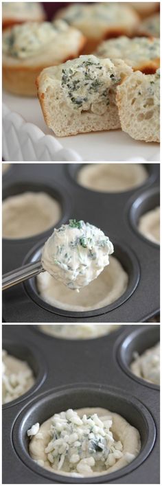 the process of making cupcakes with cream cheese and spinach spread on top