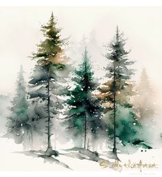 watercolor painting of pine trees in the snow with white and green colors on it