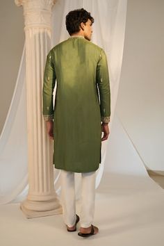 Green kurta with floral embroidered placket, cuff and scattered buttis. Comes with contrasting pyjama pant. - Aza Fashions Fitted Kurta With Embroidered Sleeves For Festivals, Eid Embroidered Straight Kurta, Fitted Kurta With Embroidered Sleeves And Traditional Drape, Cotton Traditional Wear With Embroidered Sleeves, Festive Cotton Traditional Wear With Embroidered Sleeves, Fitted Traditional Wear With Embroidered Sleeves For Eid, Festive Straight Kurta With Embroidered Sleeves, Eid Cotton Silk Kurta With Embroidered Sleeves, Festive Kurta With Embroidered Cuffs