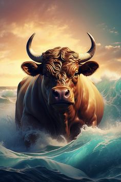 a painting of a bull in the ocean