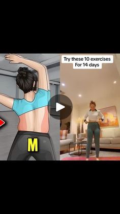 the woman is doing exercises in her living room and on the television screen, she's showing off her muscles