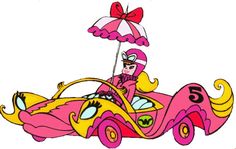 a cartoon character driving a pink car with an umbrella over its head and number five on the side