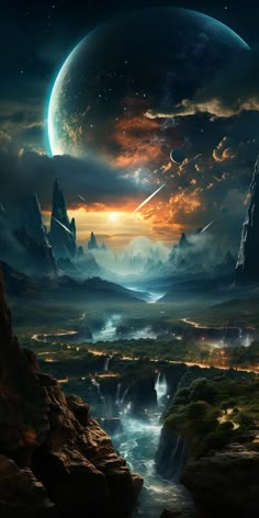 an alien landscape is shown with mountains and planets in the sky, as well as water