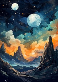 an artistic painting of mountains and stars in the night sky with bright oranges, yellows, and blue hues