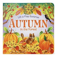 the book cover for autumn in the forest with an image of a squirrel and pumpkins