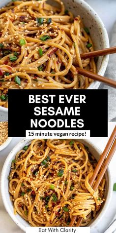 a bowl full of noodles with chopsticks in it and the title overlay reads 15 minute garlic sesame noodle salad