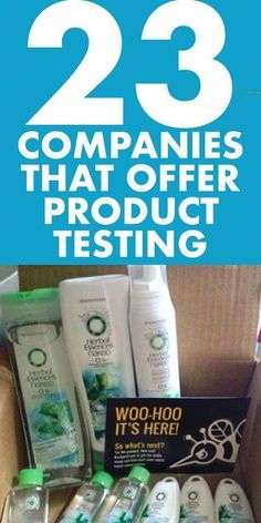 the back of a cardboard box filled with products and text that reads 23 companies that offer product testing