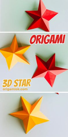 three origami stars with the word origami written on them in red and yellow