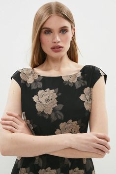 Floral Jacquard Midi Dress - Mink - Floral Jacquard Midi Dress Dresses Floral, Floral Jacquard, Floral Print Dress, Fit & Flare, Dress Collection, Cap Sleeves, Print Dress, Vintage Inspired, Midi Skirt