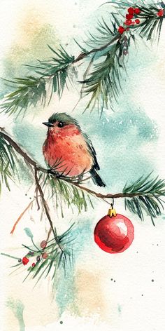 a watercolor painting of a bird on a branch with a christmas ornament