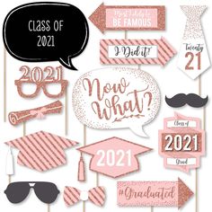 pink and black graduation photo booth props for the class of 2019, including an image of a