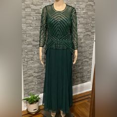 Size 12, Beaded Maxi Green Dress With 3/4 Sleeves. Zipper Closure At Back. Pre-Loved. Worn Once Maxi Green Dress, Green Maxi Dress, Terani Couture, Mother Of Bride, Green Maxi, Maxi Dress Green, Couture Dresses, Green Dress, Colorful Dresses