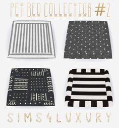 four pieces of black and white rugs with the words pets collection 2 on them