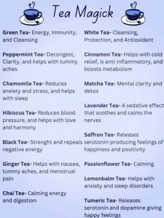 the tea magick recipe is shown on a blue background