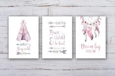 three cards with pink and purple watercolors on them, one has a teepeel