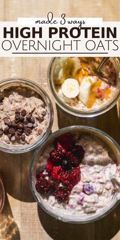 three bowls of oatmeal with bananas, raspberries and chocolate chips