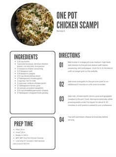 the recipe for one pot chicken scampi is shown in this brochure