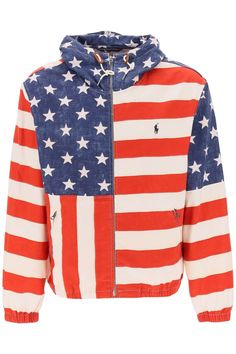 Polo Ralph Lauren sporty zip-up jacket made from cotton twill panels animated by an American flag-inspired print and the signature Pony detail embroidered on the chest. It features a drawstring hood with leather stoppers, two zippered hand pockets, and elasticated cuffs and hem. Regular fit. Composition: 100%CO | Polo Ralph Lauren Men's Flag Print Cotton Jacket in Star Spangled White | FW23/24 Sporty Cotton Windbreaker With Patchwork, Sporty Cotton Patchwork Windbreaker, Fall Jackets, Cotton Jacket, Jacket Sale, Polo Ralph Lauren Mens, Zip Up, Cotton Twill, Printed Cotton