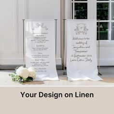 the wedding program is displayed on two white linens