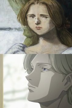 two different images of the same person with long hair and one has an angel's head