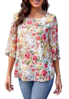 PRICES MAY VARY. Women Chiffon Blouse is Lightweight, soft and breathable, there are two layers fabric, very Comfortable to wear. Wide-cut blouse made from lightweight semi-transparent chiffon material. The chiffon fabric very hard to form wrinkles on the top. The drooping style is great, you will have a beautiful and romantic looking on it. Features: Casual Chiffon Blouse, Scoop Neck, Half Ruffle Split Sleeve, 3/4 Sleeve tops, Chiffon shirts loose fit. Unique 3/4 Ruffle Sleeve, the sleeves are Summer Blouses For Women, Outer Chiffon, Casual Chiffon Blouse, Womens Blouses Summer, Chiffon Shirts, Cut Blouse, Chiffon Shirt Blouse, Women Chiffon Blouse, Chiffon Tops Blouses