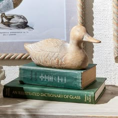 two books stacked on top of each other next to a duck figurine