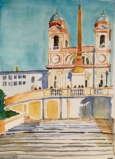 a watercolor painting of a building with two towers