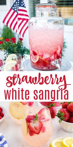 strawberry lemonade white sangria is served in a glass with ice and garnish