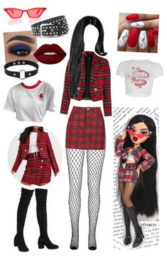 a collage of clothes and accessories with red lipstick on the lips, long black hair