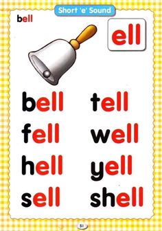 an english flash card with the words bell, tell well, and spell it out