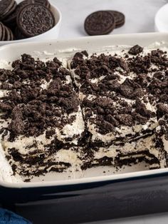 oreo cookies and cream cake in a baking dish