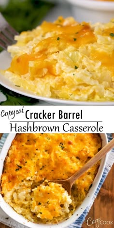 two images show different types of casserole in white dishes, one with cheese and the other with hashbrown casserole