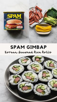 spam gimbap is served with rice and vegetables