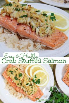 two plates with salmon, rice and lemons on them are shown in this collage