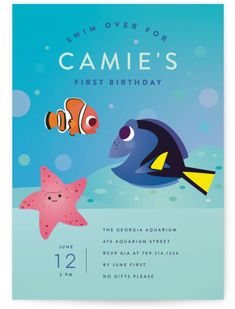 a birthday card with an image of clown fish and starfish on the bottom, in blue