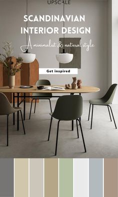 a dining room table and chairs with the words scandinavian interior design get inspired on it