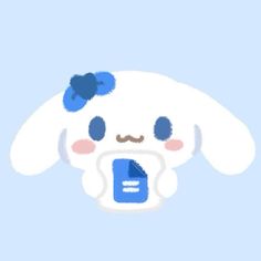 a white rabbit with blue ears holding a cell phone