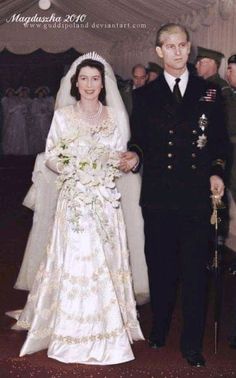 an old photo of a bride and groom