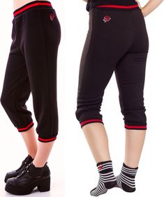 BLACK & RED ROSE FLEECE CAPRIS This listing is for BRAND NEW BLACK & RED ROSE FLEECE CAPRIS from Sourpuss Clothing! Stay cozy and cute in the Sourpuss Rose Fleece Capris! These capris are black with contrasting red trim around the waist band and legs. They feature a sweet little rose embroidered tastefully just below the hip. The inside of the pants are lined with fleece - perfect for lounging around in on a cold day! Warning: These pants are so soft and comfy you may not want to take them off! Casual Black Capris For Fall, Casual Black Capris For Loungewear, Black Red Rose, Sourpuss Clothing, Cozy Winter, Black Rose, Red Rose, Cold Day, New Black