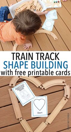 a train track shape building with free printable cards for toddlers to play on