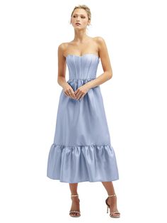 . Strapless Satin Corset Dress For Prom, Prom Midi Dress With Lined Bodice, Spring Satin Midi Dress With Lined Bodice, Midi Dress With Lined Bodice For Prom, Spring Tea-length Corset Dress With Fitted Bodice, Spring Strapless Satin Midi Dress, Satin Strapless Dress With Lined Bodice, Spring Strapless Satin Dress, Midi Length, Spring Satin Strapless Midi Dress