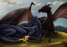 two large black dragon sitting on top of a green field