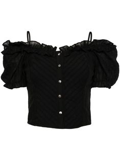 Tout a Coup ruffle-detail Smocked Crop Top  | Black | FARFETCH Trendy Fitted Off-shoulder Smocked Top, Casual Cropped Off-shoulder Top With Ruffles, Black Ruffled Crop Top, Black Cropped Ruffle Crop Top, Black Fitted Cropped Off-shoulder Top, Black Chic Cropped Off-shoulder Top, Chic Black Cropped Off-shoulder Top, Fitted Cropped Off-shoulder Top With Ruffles, Black Ruffled Crop Top For Summer