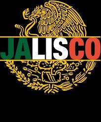 the logo for jalisco is shown in red, yellow and green letters on a black background