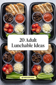 two black trays filled with different types of lunch foods and the words 20 adult lunchable ideas