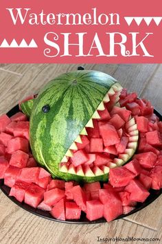 watermelon shark cut into pieces on a plate with text overlay that reads, watermelon shark